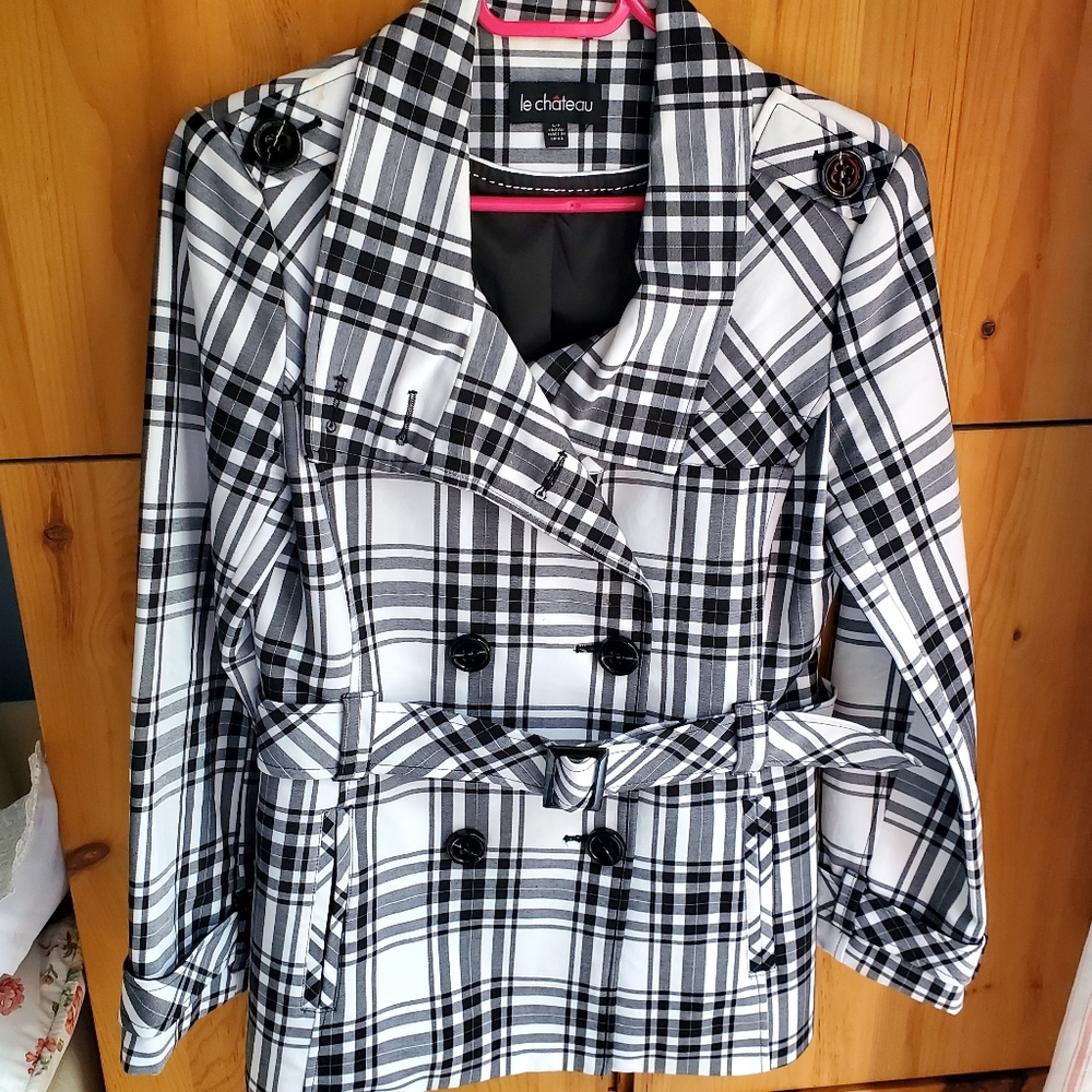 Le Chateau Women's Black & White Plaid Trench Style Jacket Size Small